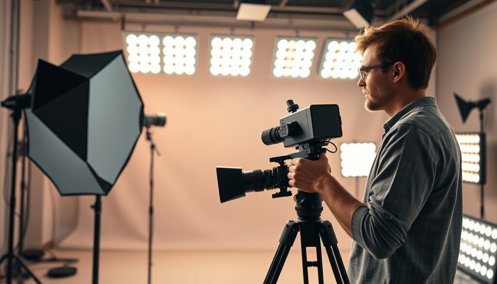 A-beautifully-lit-video-production-studio-setting-focused-on-optimal-lighting-techniques.-In-1024x585 30 برومبت جاهز لإنتاج فيديوهات ذكاء اصطناعي قصيرة
