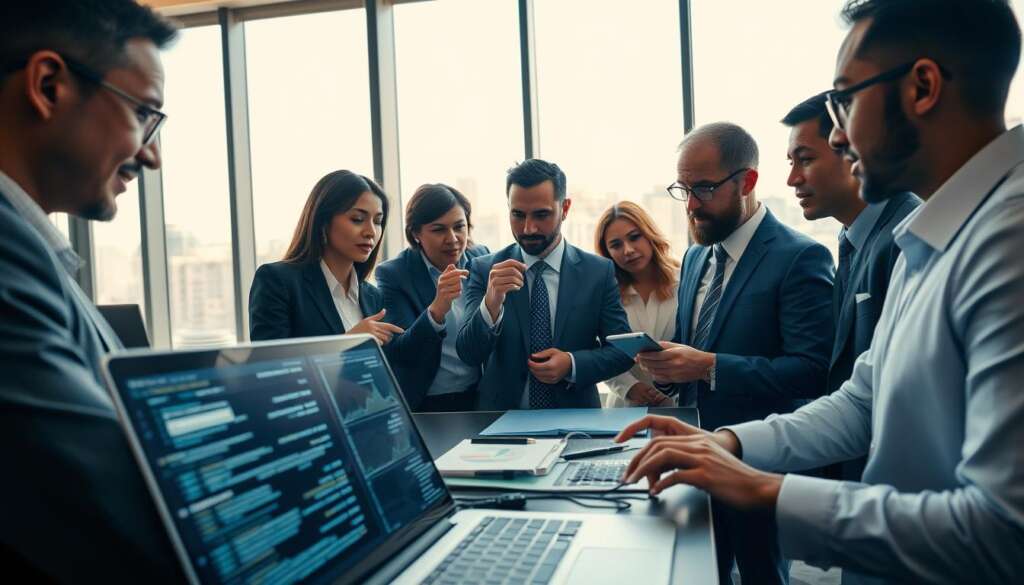 A-close-up-scene-of-a-modern-artificial-intelligence-model-development-workspace-featuring-a-1024x585 دليلنا لـ دورة حياة مشروع الذكاء الاصطناعي خطوة بخطوة