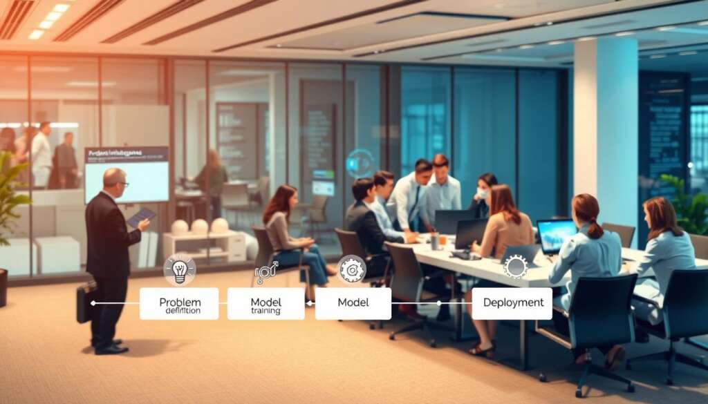A-detailed-illustration-depicting-the-stages-of-an-artificial-intelligence-project-lifecycle-1024x585 دليلنا لـ دورة حياة مشروع الذكاء الاصطناعي خطوة بخطوة