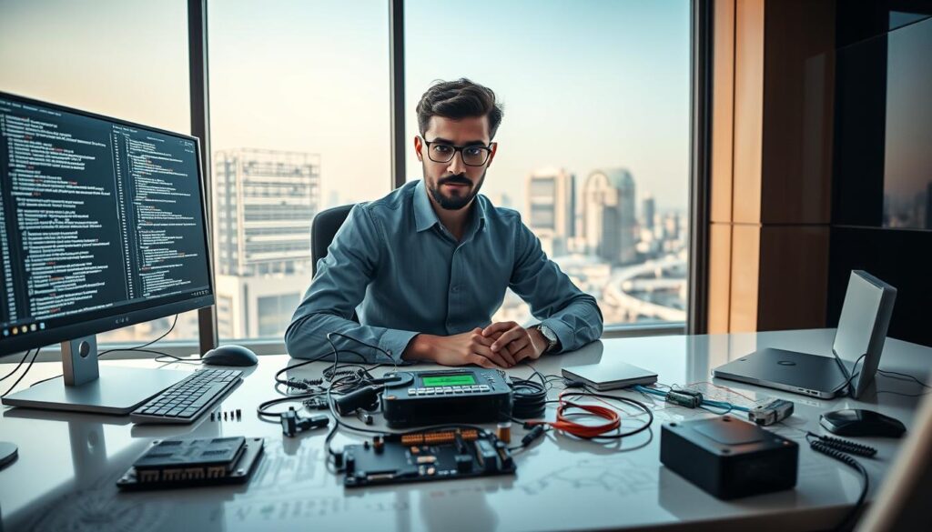 A-determined-Arab-developer-sits-at-a-sleek-modern-desk-surrounded-by-dual-monitors-displaying-1024x585 كيف استغل مطوّر عربي أدوات الذكاء الاصطناعي لإطلاق تطبيق ناجح