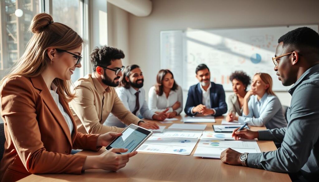 A-diverse-group-of-professionals-gathered-around-a-large-table-deeply-engaged-in-a-1024x585 دليل أدوات التسويق الذكية لحملات ناجحة