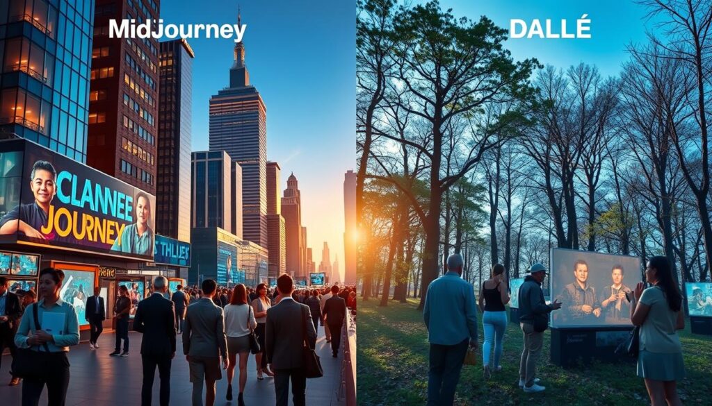 A-dynamic-split-screen-image-illustrating-the-comparative-performance-of-Midjourney-and-DALL·E--1024x585 Midjourney vs DALL·E: أيهما يقدم صورًا أكثر واقعية في 2025؟