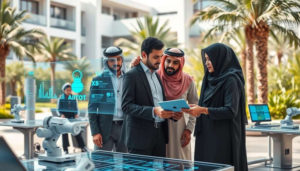 A-futuristic-university-scene-in-Saudi-Arabia-showcasing-innovative-AI-projects.-In-the-1024x585 مشاريع جامعية عربية مبتكرة تعتمد على الذكاء الاصطناعي