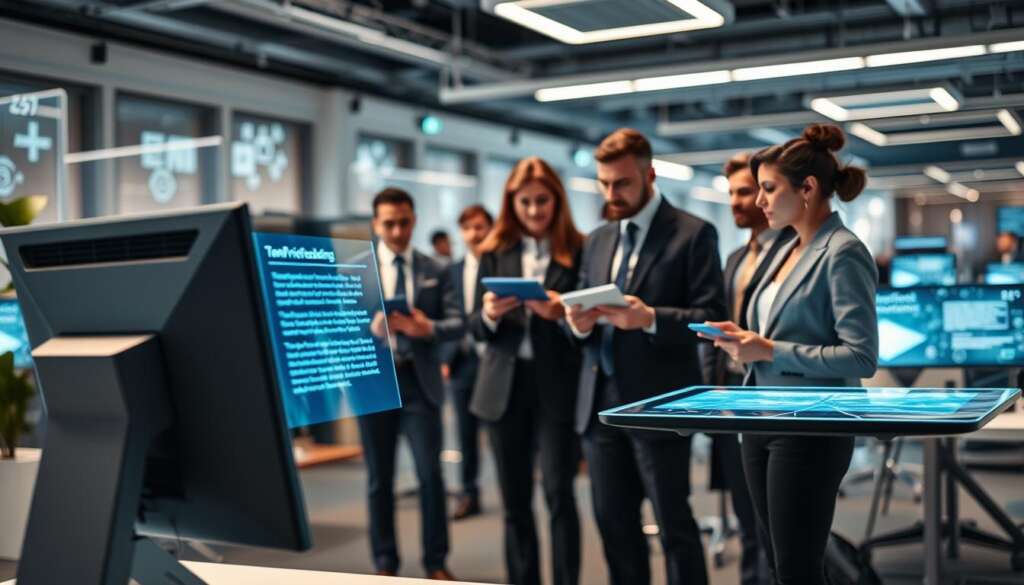 A-futuristic-workspace-showcasing-artificial-intelligence-for-proofreading.-In-the-foreground--1024x585 أدوات تدقيق لغوي عربية تتفوق على المدقق البشري