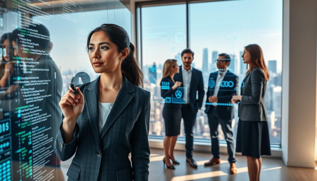 A-modern-office-environment-featuring-diverse-professionals-collaborating-on-technical-skills-1024x585 المهارات المطلوبة للعمل مع الذكاء الاصطناعي في 2030