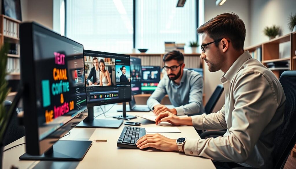 A-modern-office-environment-showcasing-the-basics-of-converting-text-to-video.-In-the-1024x585 أدوات تحويل النص إلى فيديو: Runway أم Pictory؟ تجربة كاملة