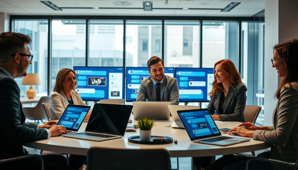 A-modern-office-setting-focused-on-intelligent-chat-applications.-In-the-foreground-a-diverse--1024x585 كيف ساعدت تطبيقات AI متجرًا إلكترونيًا صغيرًا على النمو بسرعة