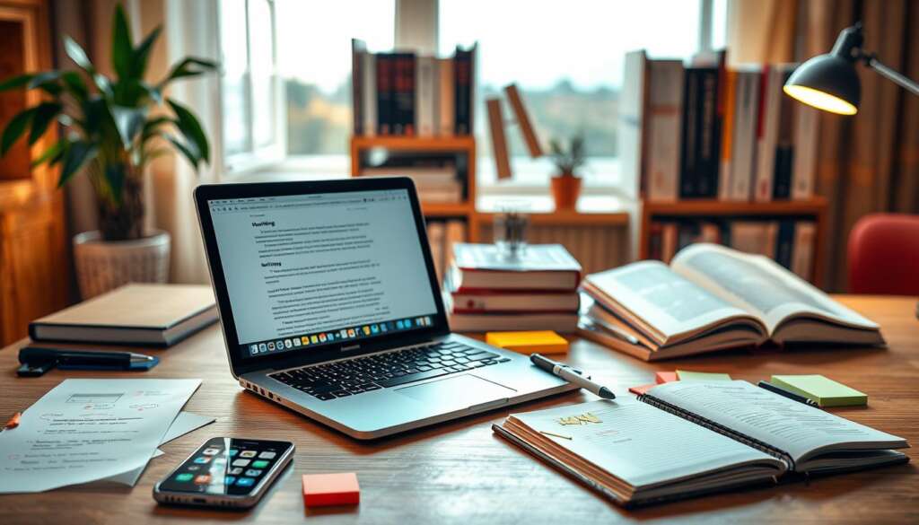 A-professional-workspace-featuring-a-variety-of-content-writing-tools-used-in-AI-driven-eBook-1024x585 خطوات إنشاء كتب إلكترونية باستخدام أدوات كتابة الذكاء الاصطناعي