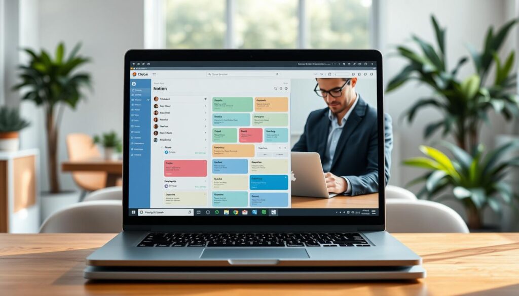 A-sleek-and-modern-user-interface-of-Notion-displayed-on-a-high-resolution-laptop-screen-set-on-1024x585 مقارنة بين Notion AI وClickUp AI: من الأفضل لإدارة الأعمال؟