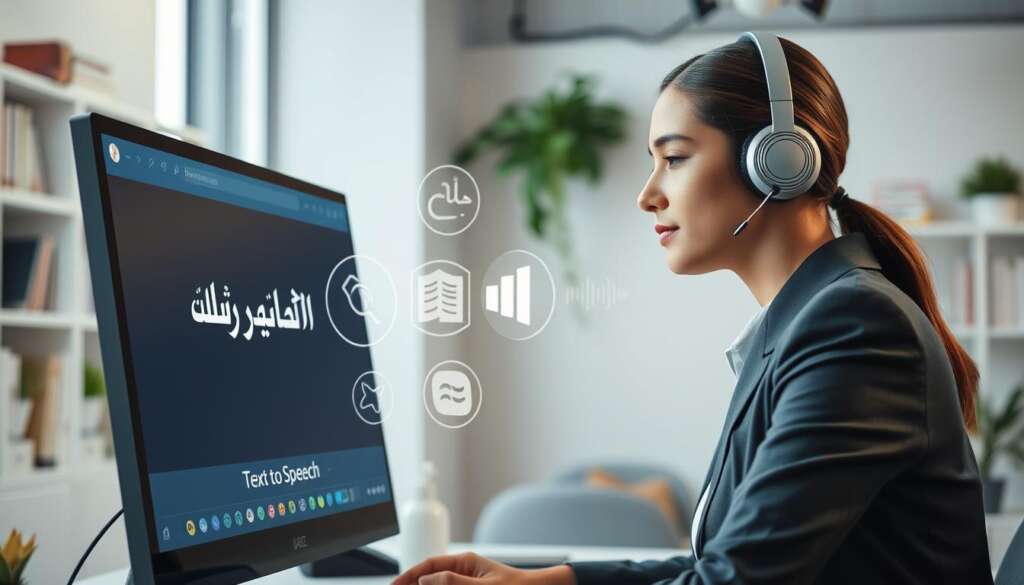 A-sleek-modern-workspace-with-a-high-tech-feel-showcasing-a-desktop-computer-displaying-an-1024x585 دليلك لأفضل أدوات تحويل النص العربي لصوت