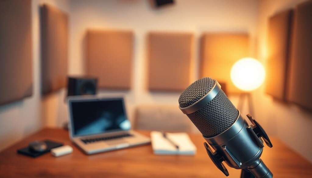 A-sleek-professional-microphone-prominently-displayed-in-the-foreground-gleaming-with-1024x585 كيف تصنع بودكاست كامل باستخدام أدوات عربية فقط؟