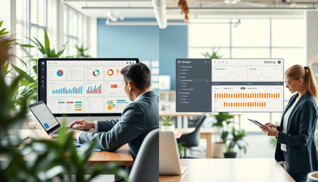 A-split-screen-comparison-image-showcasing-the-performance-of-Notion-AI-and-ClickUp-AI-in-a-1024x585 مقارنة بين Notion AI وClickUp AI: من الأفضل لإدارة الأعمال؟