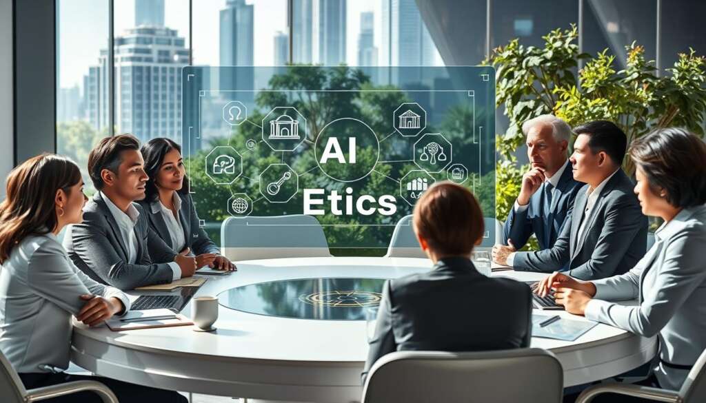 A-thought-provoking-scene-illustrating-AI-Ethics-in-a-futuristic-yet-realistic-setting.-In-1024x585 هل يمكن للذكاء الاصطناعي أن يشعر أو يفكر؟