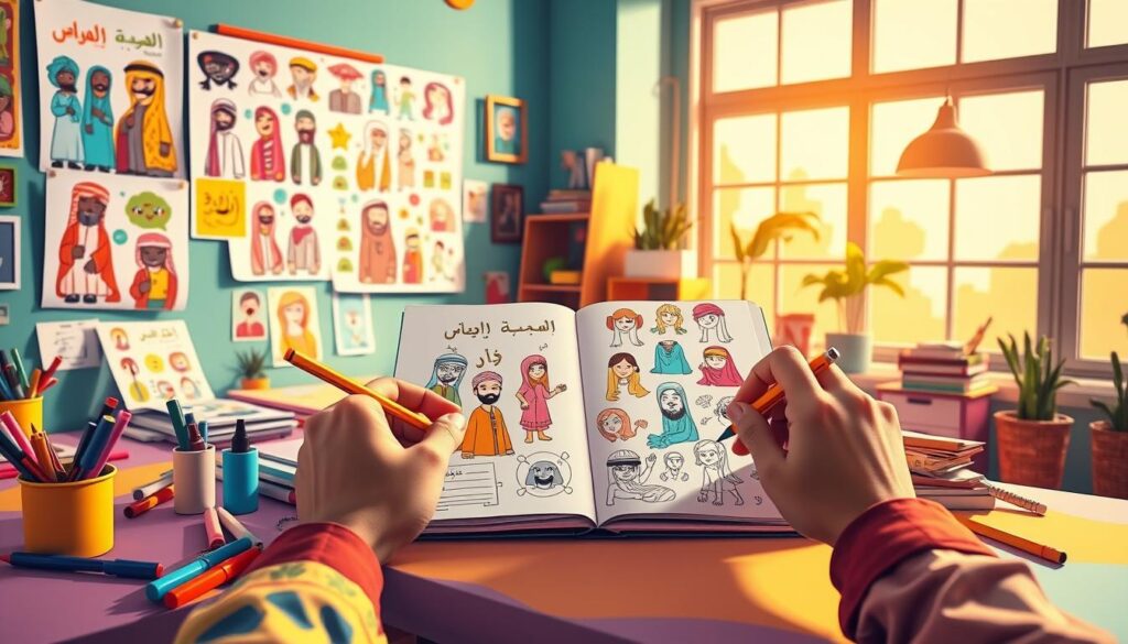 A-vibrant-and-creative-illustration-of-an-Arabic-cartoon-character-design-brainstorming-1024x585 كيفية استخدام برومبتات لابتكار شخصيات كرتونية عربية