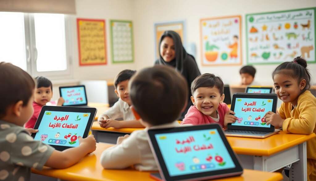 A-vibrant-classroom-scene-focused-on-interactive-applications-for-teaching-the-Arabic-language--1024x585 أفضل أدوات تعليم اللغة العربية للأطفال باستخدام الذكاء الاصطناعي