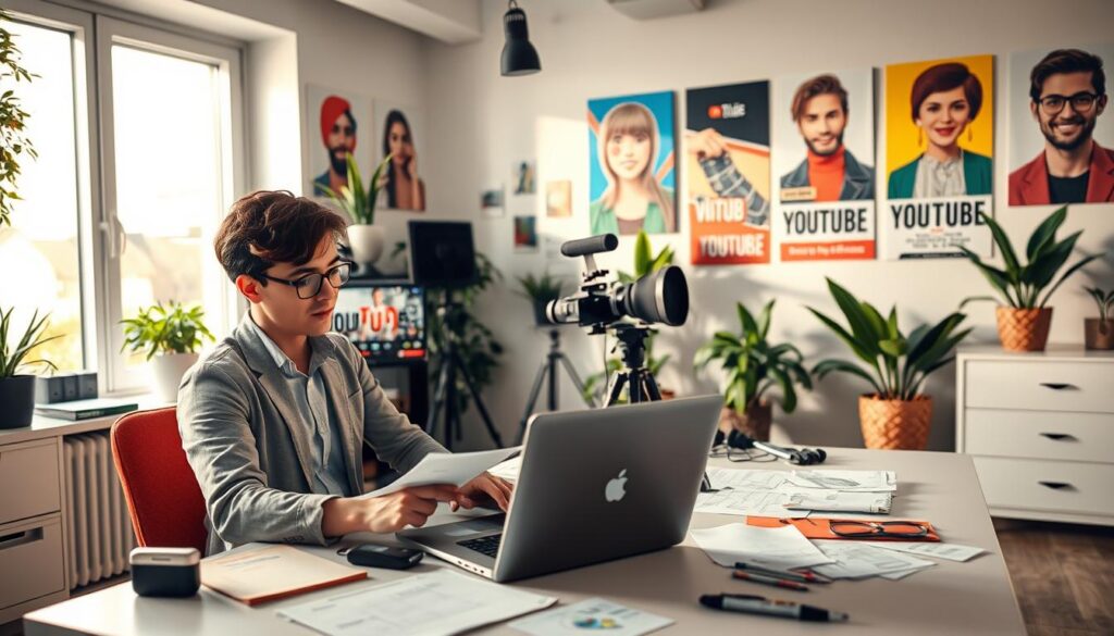 A-vibrant-workspace-scene-highlighting-the-process-of-creating-YouTube-content.-In-the-1024x585 دليل برومبتات لصنع محتوى يوتيوب من الصفر