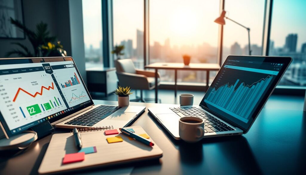 A-visually-engaging-and-modern-digital-workspace-focused-on-advanced-SEO-article-prompts.-In-1024x585 كيفية إستخدام برومبتات لصناعة مقالات SEO متقدمة