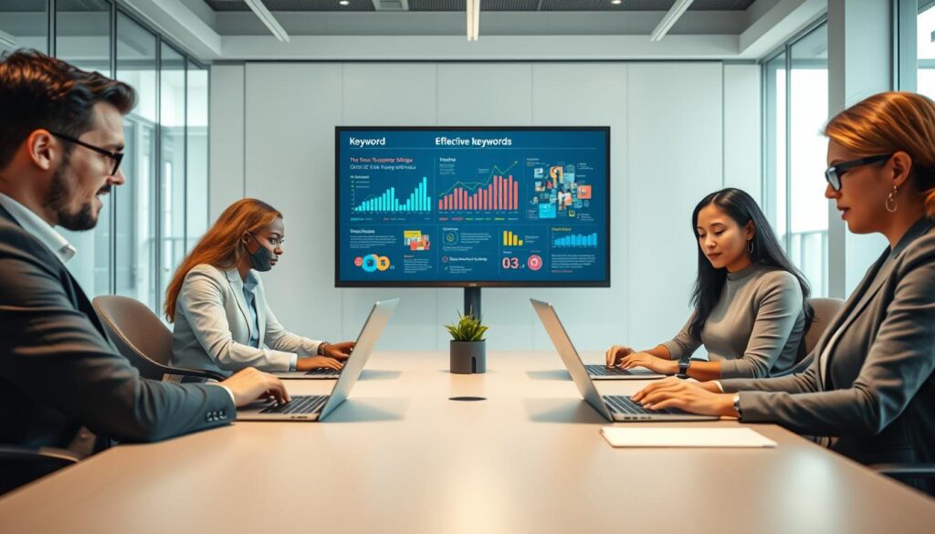 A-visually-engaging-illustration-of-the-concept-of-كلمات-مفتاحية-keywords-in-a-professional-1024x585 كيفية إستخدام برومبتات لصناعة مقالات SEO متقدمة