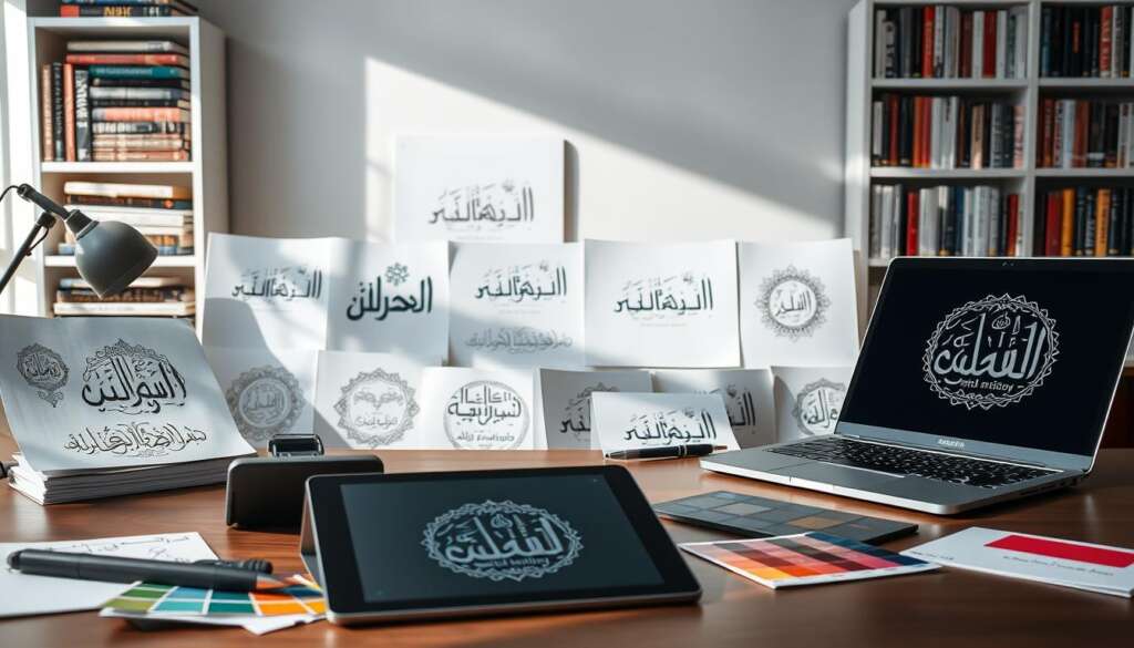 A-well-organized-workspace-showcasing-professional-Arabic-logo-design-tools.-In-the-foreground-1024x585 دليل إنشاء لوجوهات عربية باحتراف مع أدوات تصميم