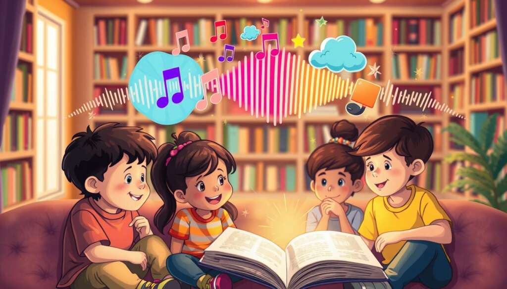 A-whimsical-and-colorful-illustration-depicting-sound-effects-in-a-storytelling-context-for-1024x585 دليل استخدام أدوات دمج الصوت مع القصة للأطفال
