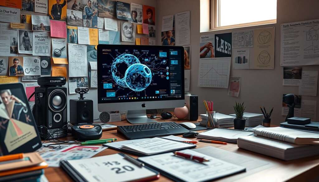 An-abstract-representation-of-image-prompt-engineering-featuring-a-creative-workspace.-In-the-1024x585 نصائح لإنتاج صور واقعية من وصف نصي فقط