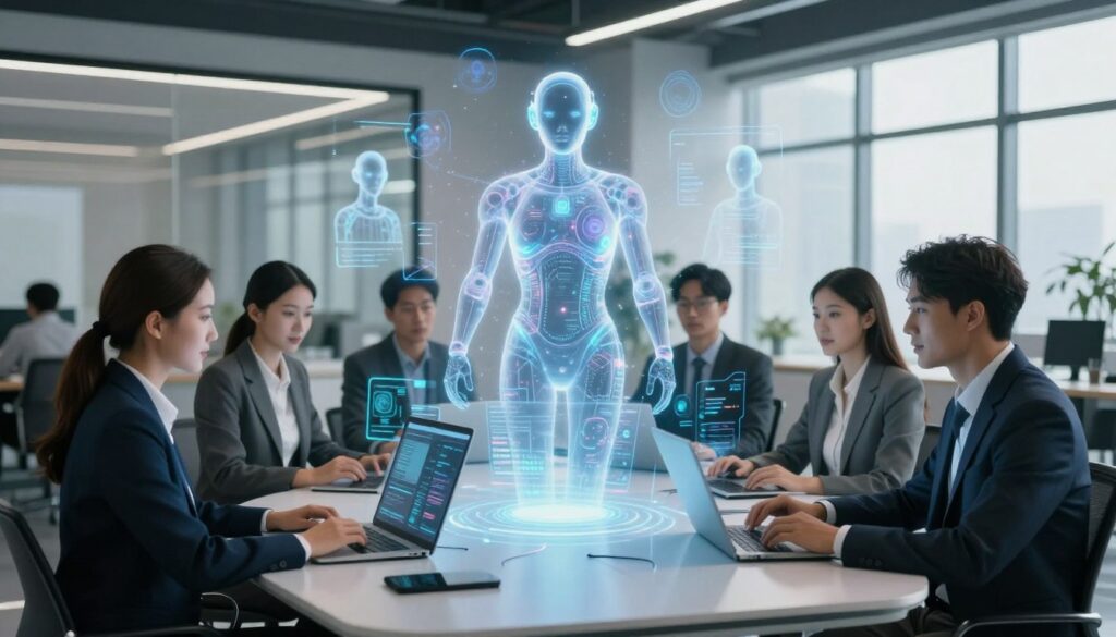 A-futuristic-workspace-featuring-advanced-artificial-intelligence-agents-as-digital-coworkers.--1024x585 وكلاء الذكاء الاصطناعي: زملاء العمل الرقميون الذين سيغيرون مستقبل عملك في 2026