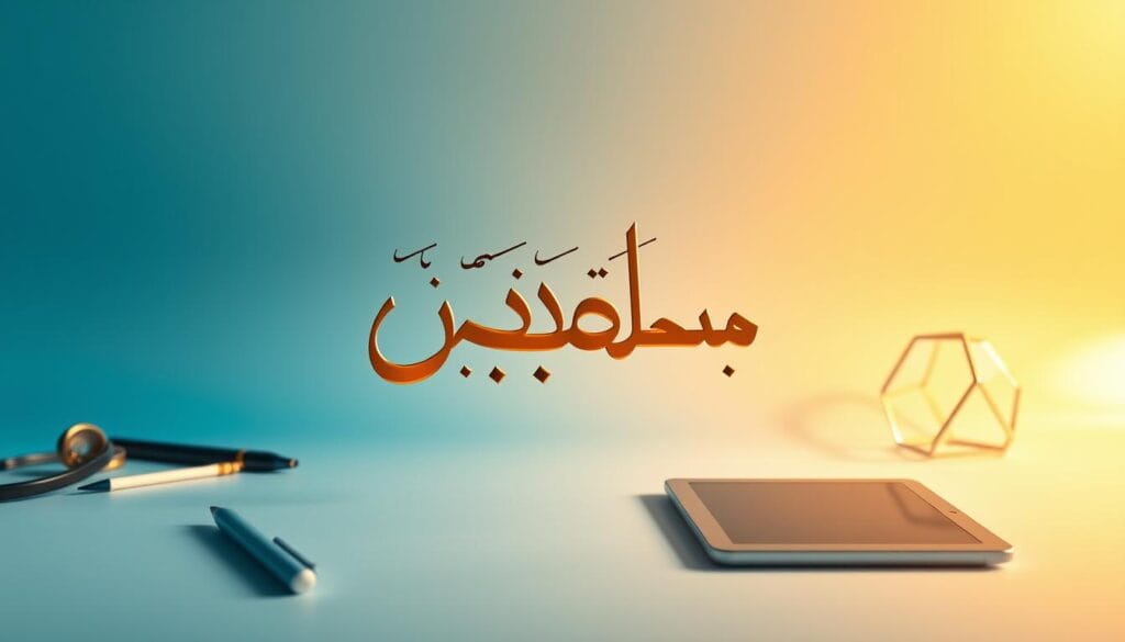 A beautifully designed Arabic logo, showcasing intricate calligraphy and modern graphic elements, set against a smooth, gradient background transitioning from vibrant blue to soft gold. In the foreground, the logo is prominently displayed with a glossy finish that captures the light, creating a professional and sophisticated appearance. The middle ground features subtle design tools such as a stylus and a digital tablet, suggesting the creative process behind logo design. In the background, hints of abstract geometric shapes add depth, while a warm light casts soft shadows, enhancing the mood of professionalism and creativity. The overall atmosphere is inviting and inspiring, encouraging the viewer to appreciate the significance of Arabic logo design.