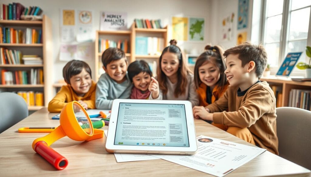 A bright and engaging scene illustrating children's text analysis tools designed for young learners. In the foreground, there are colorful, playful tools such as a magnifying glass, digital tablet with child-friendly interface, and interactive worksheets spread across a cozy study table. The middle ground features a group of diverse children, ages 6-10, sitting and collaborating enthusiastically, dressed in casual, modest clothing. They are analyzing texts, with one child pointing excitedly at the tablet screen while others look on curiously. The background showcases a well-lit room with shelves filled with books, educational posters on the walls, and a window letting in warm sunlight, creating a cheerful and inviting atmosphere. The composition should focus on the tools and teamwork, capturing the essence of learning and creativity.