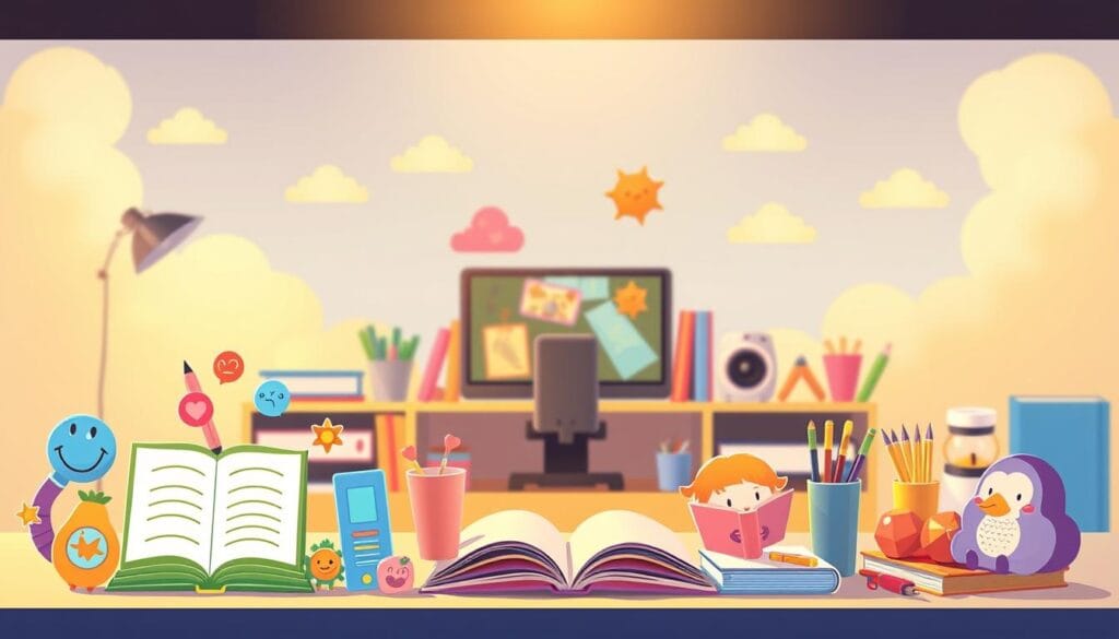 A bright and inviting illustration showcasing various AI tools for children's storytelling. In the foreground, display colorful, playful icons representing different AI tools like a whimsical storybook, a digital pen, and vibrant illustrations of characters from children's stories. The middle ground features a cozy writing nook with a computer and creative materials, surrounded by books and art supplies, evoking a warm, inspiring atmosphere. In the background, soft pastel-colored clouds symbolize imagination and creativity. The scene has golden, warm lighting to create a cheerful and motivating mood. Use a slightly angled perspective to give a dynamic feel, enhancing the atmosphere of innovation and playfulness essential for effective AI storytelling tools.
