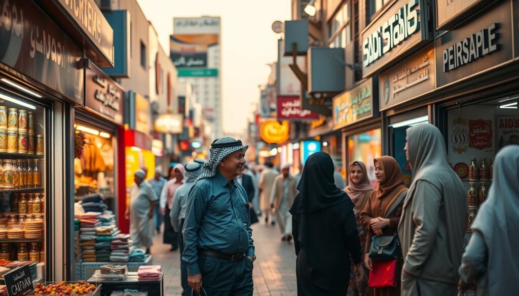 A bustling market scene in Saudi Arabia featuring a variety of small service shops. In the foreground, a small, vibrant shop selling local crafts and services, with a friendly shopkeeper in professional attire engaging with a customer. The middle ground showcases several other colorful storefronts, each capturing the unique essence of Saudi culture, with traditional decorations and signage. The background depicts a lively market street bustling with shoppers, both men and women dressed in modest, professional clothing, creating a harmonious atmosphere. The lighting is warm and inviting, reflecting the early evening glow, while the angle captures the depth of the marketplace. The overall mood is lively and entrepreneurial, emphasizing the importance of small businesses in the Saudi market.