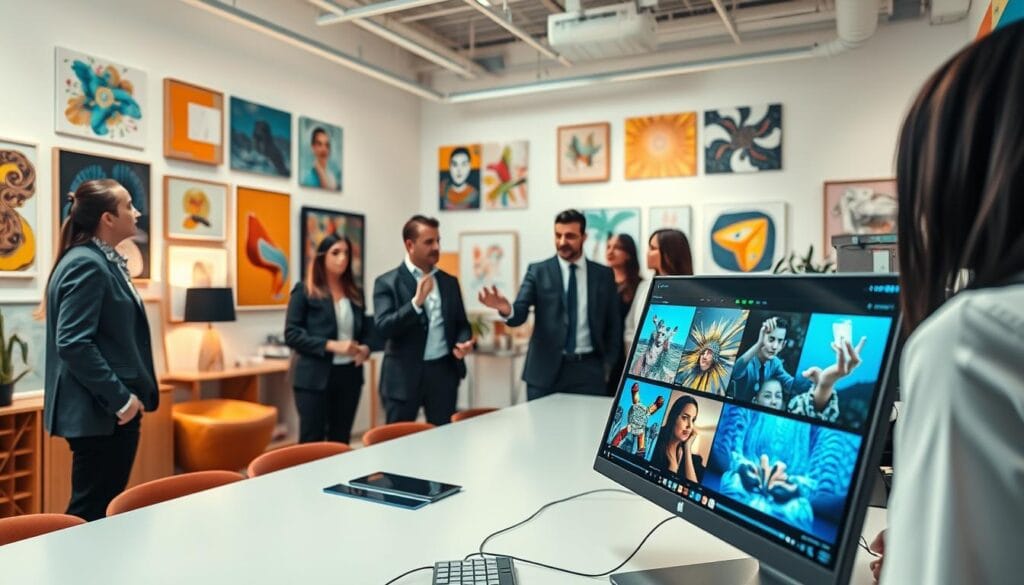 A captivating and vibrant digital art representation of artificial intelligence in the realm of images. In the foreground, a creative workspace with a high-tech computer displaying AI-generated artworks, showcasing a variety of stunning visuals. Middle ground features a diverse group of professionals, dressed in smart business attire, intently discussing the images, with one person gesturing towards the screen. In the background, bright and modern decor filled with abstract prints and colorful art pieces creating a stimulating atmosphere. Soft, diffused lighting highlights the innovative spirit, with a dynamic angle capturing the energy of collaboration. The overall mood is one of excitement and inspiration as technology and creativity merge, inviting viewers into the future of digital art.