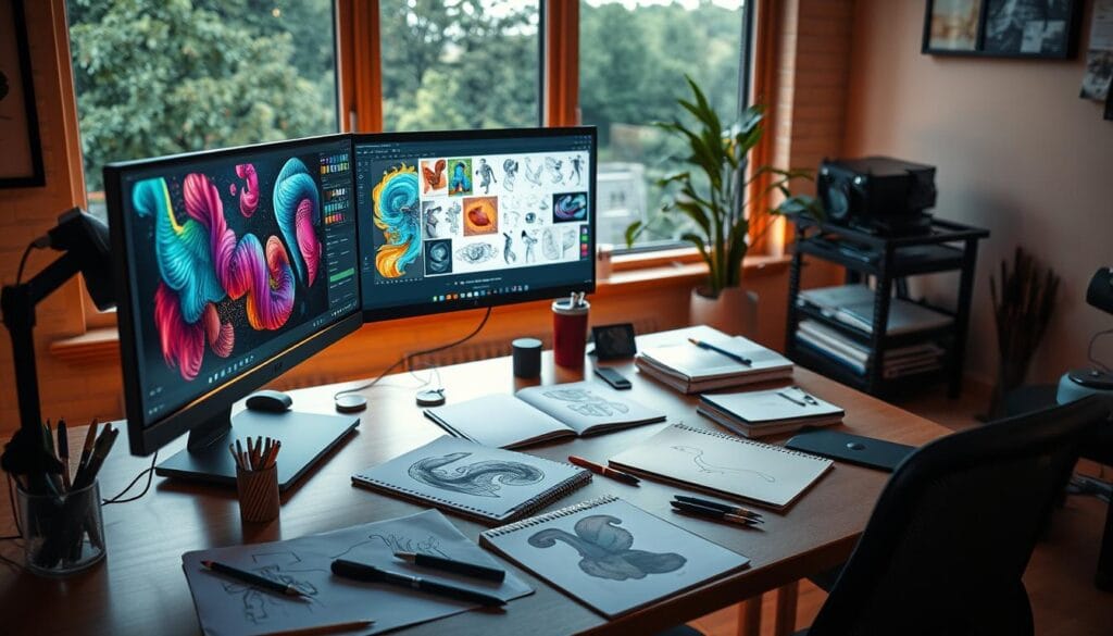 A captivating workspace showcasing a modern digital artist's setup, illuminated by warm ambient lighting. In the foreground, a sleek computer monitor displays a vibrant array of generated artwork, featuring colorful abstract designs and intricate illustrations that demonstrate professional-level creativity. In the middle ground, a well-organized desk is adorned with sketchbooks, drawing tablets, and art supplies, suggesting a blend of traditional and digital techniques. The background presents a large window revealing a serene nature scene, enhancing the inspiring atmosphere. The composition should evoke a sense of motivation and possibility, ideal for beginners looking to create professional-grade art. Use a slightly angled perspective to capture depth and engage the viewer.