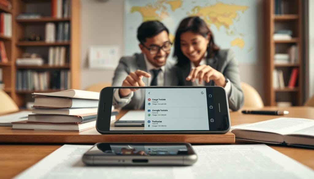 A close-up view of a modern smartphone displaying the Google Translate app interface on its screen. In the foreground, the phone is resting on a sleek wooden desk, surrounded by language-related items like dictionaries and notebooks. The middle layer features a diverse group of professionals—two adults, one Asian and one Black, engaged in a discussion, pointing at the phone screen enthusiastically. They are dressed in smart business attire, conveying collaboration. In the background, a softly blurred office setting with bookshelves and a world map on the wall suggests an international atmosphere. The lighting is warm and inviting, creating a sense of productivity and communication. The overall mood is focused yet inspiring, highlighting innovation in translation technology. A close-up view of a modern smartphone displaying the Google Translate app interface on its screen. In the foreground, the phone is resting on a sleek wooden desk, surrounded by language-related items like dictionaries and notebooks. The middle layer features a diverse group of professionals—two adults, one Asian and one Black, engaged in a discussion, pointing at the phone screen enthusiastically. They are dressed in smart business attire, conveying collaboration. In the background, a softly blurred office setting with bookshelves and a world map on the wall suggests an international atmosphere. The lighting is warm and inviting, creating a sense of productivity and communication. The overall mood is focused yet inspiring, highlighting innovation in translation technology.
