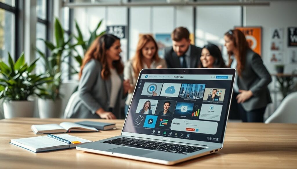 A close-up view of a modern workspace dedicated to text-to-video software tools. In the foreground, a sleek laptop displays an interface showcasing various text-to-video applications, surrounded by notebooks and colorful sticky notes. The middle layer features a diverse group of professionals in business attire collaborating, analyzing the software on the laptop, and discussing ideas animatedly. The background shows a bright, airy office space with greenery and motivational posters on the walls, creating an inspiring atmosphere. Soft, natural lighting floods the scene from large windows, enhancing the focus on the technology. The overall mood is energetic and innovative, reflecting the dynamic field of converting text into engaging video content. A close-up view of a modern workspace dedicated to text-to-video software tools. In the foreground, a sleek laptop displays an interface showcasing various text-to-video applications, surrounded by notebooks and colorful sticky notes. The middle layer features a diverse group of professionals in business attire collaborating, analyzing the software on the laptop, and discussing ideas animatedly. The background shows a bright, airy office space with greenery and motivational posters on the walls, creating an inspiring atmosphere. Soft, natural lighting floods the scene from large windows, enhancing the focus on the technology. The overall mood is energetic and innovative, reflecting the dynamic field of converting text into engaging video content.