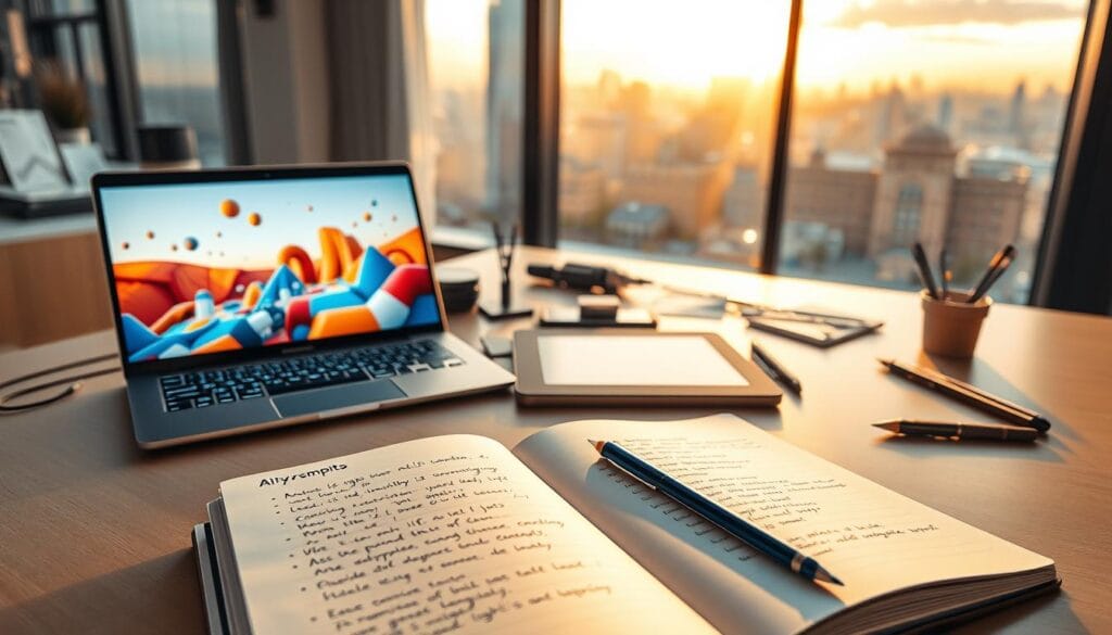 A collection of professional prompt examples for AI image generation, displayed on a modern, sleek desk. In the foreground, an open notebook filled with neatly handwritten prompts, alongside a laptop displaying a vibrant, AI-generated image. The middle ground features a well-organized workspace with artistic tools, like a graphics tablet and stylus, emphasizing creativity and design. The background reveals a panoramic window with a view of a bustling cityscape, bathed in warm morning light, creating an inspiring and productive atmosphere. The scene is captured from a slight overhead angle, highlighting the details and enhancing the mood of innovation and professionalism. The overall ambiance is bright and inviting, promoting creativity and engagement without any text or overlays.
