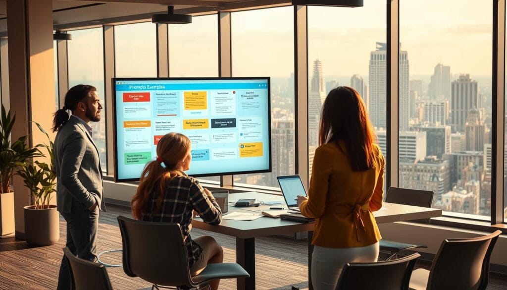 A concept illustration showcasing effective strategies for using prompts in marketing campaigns. In the foreground, a diverse group of three professionals, dressed in smart casual attire, are gathered around a large digital screen glowing with various colorful prompt examples and flowcharts. In the middle ground, a modern office setting with a sleek table and chairs, filled with marketing materials and brainstorming notes. In the background, large windows are letting in natural light, casting soft shadows, and offering a panoramic view of a bustling city. The atmosphere is engaging and dynamic, conveying a sense of innovation and teamwork, with a focus on collaborative creativity and strategic thinking. The image is captured with a wide-angle lens to enhance depth and perspective.
