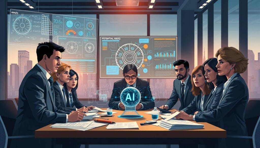 A conceptual illustration depicting the challenges of adopting artificial intelligence in business. In the foreground, a diverse group of professionals, dressed in smart business attire, are gathered around a table cluttered with papers, charts, and a glowing AI interface. Their expressions reflect concern and determination. In the middle ground, digital screens display complex algorithms, data visualizations, and potential risks, symbolizing the intricacies of AI implementation. The background features a modern corporate environment, with large windows showing a city skyline, under realistic ambient lighting emphasizing the mood of anxiety and opportunity. The overall atmosphere is tense yet hopeful, highlighting the delicate balance companies must navigate while embracing AI technologies.