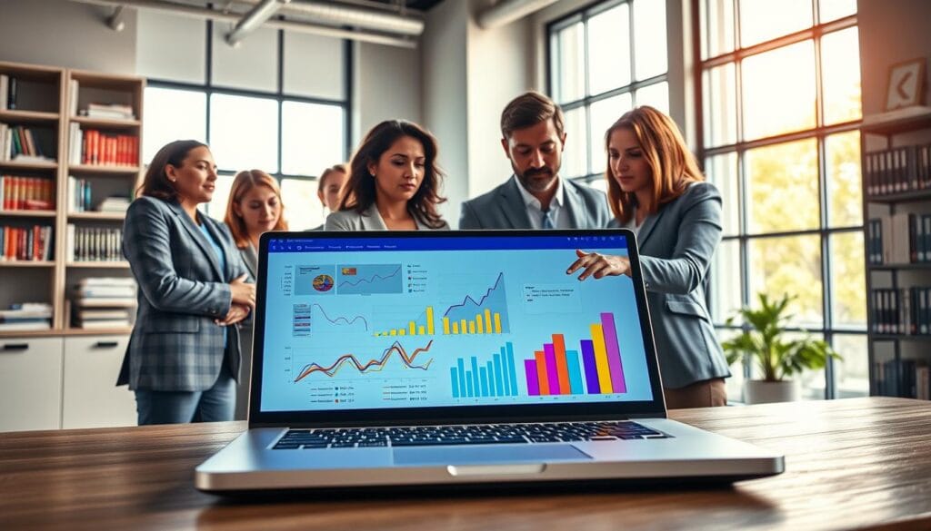 A conceptual visualization of "Quality of Content" featuring an open laptop displaying vibrant graphs and charts, symbolizing data analysis and metrics. In the foreground, a diverse group of professionals in business attire collaborates, looking engaged and discussing ideas, with one pointing at the screen. The middle ground showcases a modern office setting with large windows allowing natural light to illuminate the space, enhancing focus and creativity. In the background, shelves filled with books on content creation and digital marketing suggest knowledge and expertise. The overall mood is dynamic and productive, emphasizing innovation and collaboration in content quality. Use a bright color palette, with soft shadows to create depth and highlight the professionals’ expressions of determination and insight.