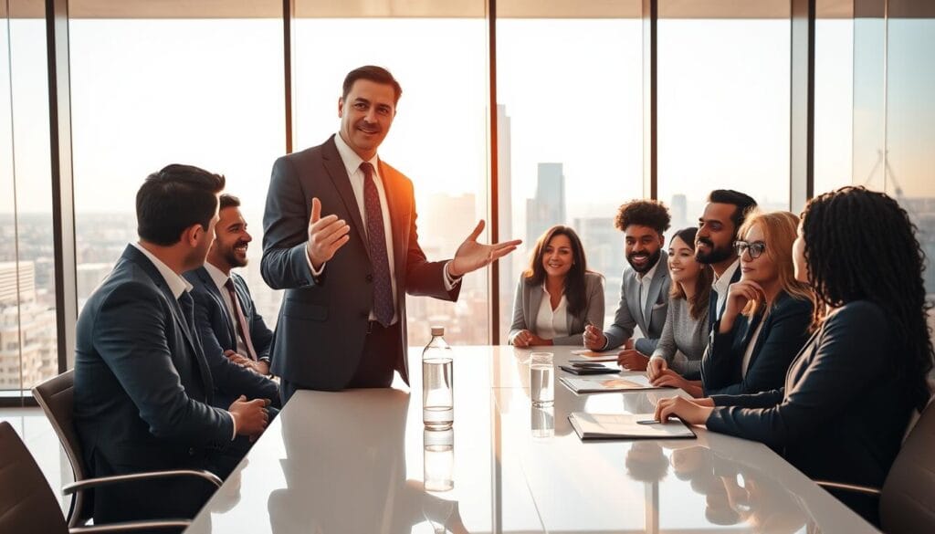 A confident business leader stands at the forefront, engaging with a diverse team of professionals gathered around a modern conference table. In the background, a large window reveals a bustling cityscape, symbolizing growth and opportunity. The atmosphere is charged with teamwork and inspiration, illuminated by warm, natural light cascading through the glass. The leader, dressed in a sharp suit, gestures emphatically, illustrating the skill of effective leadership. Team members, representing various cultures and roles, listen attentively, showcasing a spirit of collaboration. This scene captures the essence of leadership and management skills in the contemporary workplace, emphasizing communication, strategy, and unity. The image should be crisp and well-composed, with a focus on facial expressions and a sense of purpose and ambition. A confident business leader stands at the forefront, engaging with a diverse team of professionals gathered around a modern conference table. In the background, a large window reveals a bustling cityscape, symbolizing growth and opportunity. The atmosphere is charged with teamwork and inspiration, illuminated by warm, natural light cascading through the glass. The leader, dressed in a sharp suit, gestures emphatically, illustrating the skill of effective leadership. Team members, representing various cultures and roles, listen attentively, showcasing a spirit of collaboration. This scene captures the essence of leadership and management skills in the contemporary workplace, emphasizing communication, strategy, and unity. The image should be crisp and well-composed, with a focus on facial expressions and a sense of purpose and ambition.