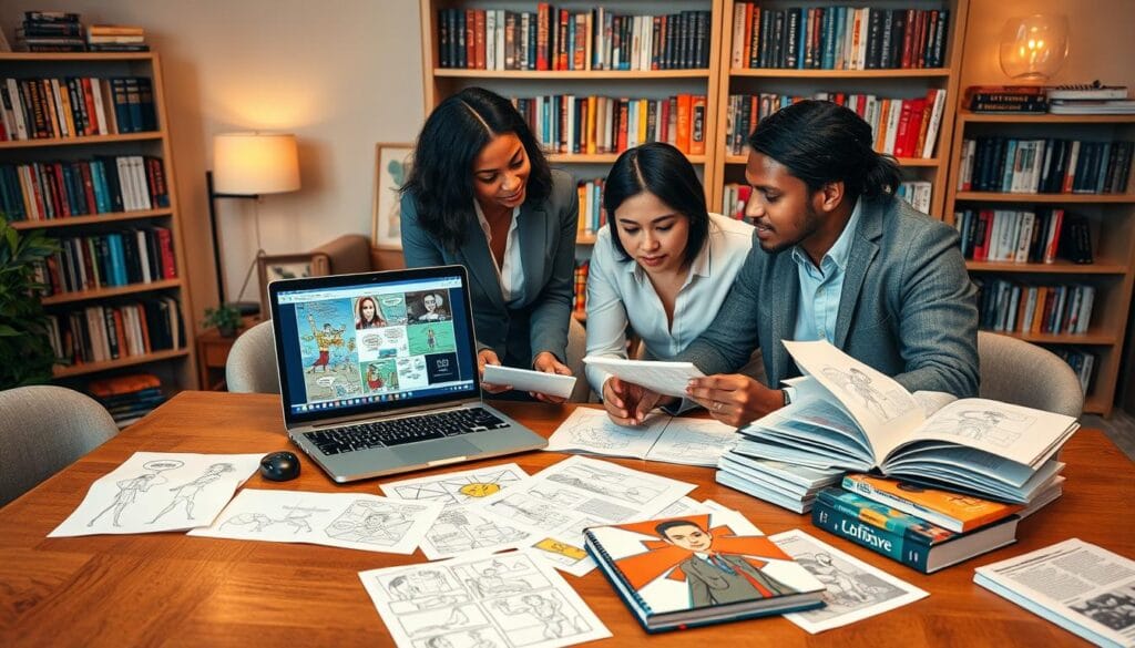 A cozy, inviting workspace, featuring a large wooden desk with an open laptop displaying a colorful storyboarding application. In the foreground, a diverse group of three individuals—two women and one man—are collaborating together, immersed in the process of transforming a story into a comic book format. They are dressed in professional business attire, engaging with illustrated story elements on paper and digital devices. The middle ground showcases various sketches, colorful comic panels, and inspirational books scattered across the desk. The background consists of bookshelves filled with literature on storytelling and graphic design. Soft, warm lighting enhances the atmosphere of creativity and collaboration, with a focus on the art of storytelling through images. A cozy, inviting workspace, featuring a large wooden desk with an open laptop displaying a colorful storyboarding application. In the foreground, a diverse group of three individuals—two women and one man—are collaborating together, immersed in the process of transforming a story into a comic book format. They are dressed in professional business attire, engaging with illustrated story elements on paper and digital devices. The middle ground showcases various sketches, colorful comic panels, and inspirational books scattered across the desk. The background consists of bookshelves filled with literature on storytelling and graphic design. Soft, warm lighting enhances the atmosphere of creativity and collaboration, with a focus on the art of storytelling through images.