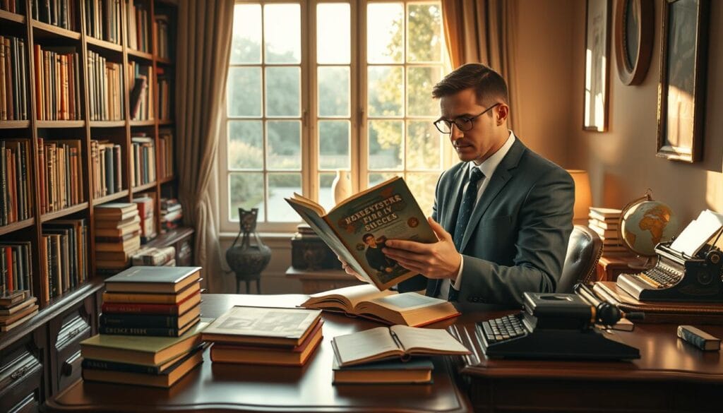 A cozy, warmly lit study room featuring an elegant wooden desk cluttered with various literary genre books, such as fantasy, romance, and science fiction. In the foreground, a thoughtful individual in professional business attire flips through a rich, illustrated book, contemplating their choice of literary genre. The middle ground showcases a large bookshelf filled with colorful spines, while a globe and a vintage typewriter hint at world-building. In the background, a window reveals a serene garden, softly lit by the golden hour sunlight, casting gentle shadows. The atmosphere is introspective and inspiring, invoking creativity and the excitement of crafting unique stories. The focus is on the individual and their exploration of literary genres, with deeply immersive details that enhance the scene's warmth and intellectual charm.