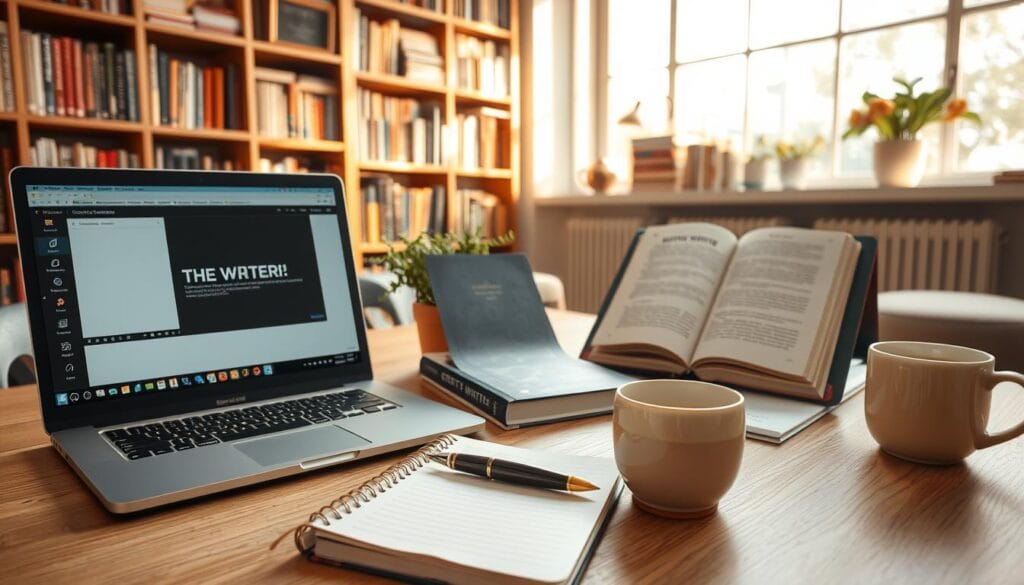 A cozy, well-lit workspace featuring essential tools for starting an AI storytelling project. In the foreground, a modern laptop is open with a creative writing software interface visible. Next to it, a notepad filled with handwritten notes and an elegant fountain pen. In the middle ground, an AI-themed book on creative writing rests beside a coffee cup, and a small potted plant adds a touch of greenery. The background displays a large bookshelf filled with literary works and a window letting in warm, natural light, creating a cheerful atmosphere. The scene captures a blend of creativity and technology, evoking inspiration and productivity. The focus should be on a clean, organized workspace without distractions or clutter.