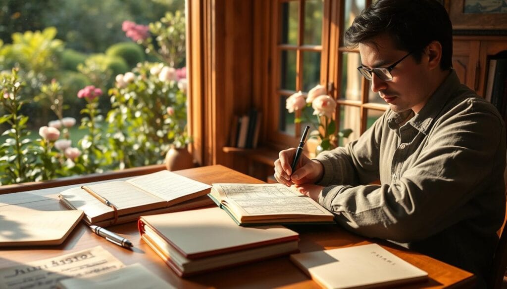 A cozy writing nook bathed in warm, natural light, featuring a wooden desk cluttered with notebooks, a fountain pen, and an open journal filled with handwritten notes. In the foreground, a person dressed in casual but professional attire is deeply engaged in writing, their expression focused and inspired. Behind them, a large window reveals a serene garden setting, with soft greenery and blooming flowers that add a touch of tranquility. The atmosphere conveys creativity and calm, encouraging the viewer to feel the joy of storytelling. Subtle shadows and highlights from the window light create depth, and the overall composition invites potential writers to envision crafting captivating short stories. A cozy writing nook bathed in warm, natural light, featuring a wooden desk cluttered with notebooks, a fountain pen, and an open journal filled with handwritten notes. In the foreground, a person dressed in casual but professional attire is deeply engaged in writing, their expression focused and inspired. Behind them, a large window reveals a serene garden setting, with soft greenery and blooming flowers that add a touch of tranquility. The atmosphere conveys creativity and calm, encouraging the viewer to feel the joy of storytelling. Subtle shadows and highlights from the window light create depth, and the overall composition invites potential writers to envision crafting captivating short stories.