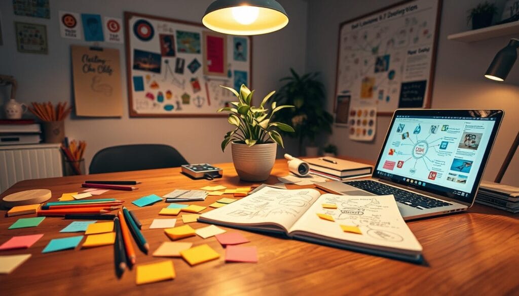 A creative brainstorming workspace filled with inspirational tools and resources. In the foreground, a wooden table is adorned with colorful sticky notes, pencils, an open notebook filled with sketches, and a laptop displaying a vibrant mind map. In the middle, a potted plant adds a touch of nature, while a bulletin board in the background showcases artsy visuals and idea flowcharts. Soft, warm lighting from an overhead lamp creates a cozy atmosphere, highlighting the scene and casting subtle shadows. The composition should convey a sense of innovation and creativity, inviting viewers to immerse themselves in an environment designed for idea generation. Use a wide-angle lens for depth, capturing the essence of a dynamic creative space.