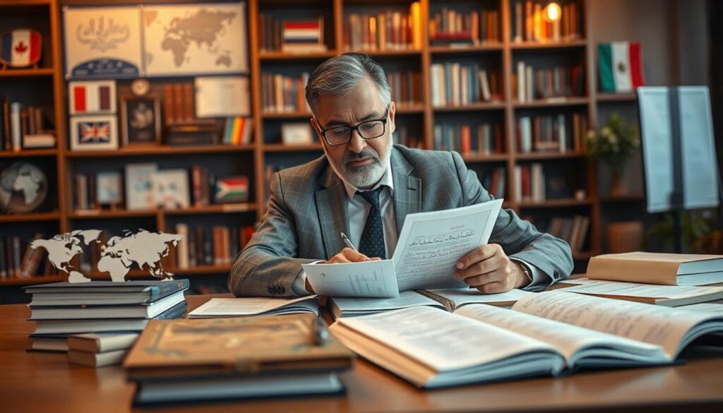 A creative translator skillfully working at a modern desk filled with translation books, a laptop, and a notebook with scribbled ideas. In the foreground, focus on the translator, a middle-aged person of Middle Eastern descent, dressed in professional business attire, deeply engaged in translating texts, with a thoughtful expression. In the middle ground, display subtle elements representing language and culture, like maps, flags, and symbols of different countries. In the background, a cozy library filled with books and soft lighting enhances the atmosphere of creativity and focus. The scene is warmly lit to evoke a sense of inspiration and dedication, captured with a soft-focus lens effect to create depth and warmth. The overall mood should reflect professionalism and the artistic essence of creative translation. A creative translator skillfully working at a modern desk filled with translation books, a laptop, and a notebook with scribbled ideas. In the foreground, focus on the translator, a middle-aged person of Middle Eastern descent, dressed in professional business attire, deeply engaged in translating texts, with a thoughtful expression. In the middle ground, display subtle elements representing language and culture, like maps, flags, and symbols of different countries. In the background, a cozy library filled with books and soft lighting enhances the atmosphere of creativity and focus. The scene is warmly lit to evoke a sense of inspiration and dedication, captured with a soft-focus lens effect to create depth and warmth. The overall mood should reflect professionalism and the artistic essence of creative translation.
