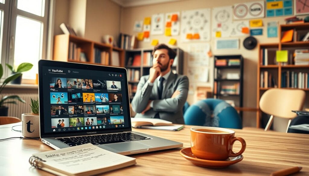 A creative workspace designed for selecting YouTube content types. In the foreground, a laptop displays various popular content categories like vlogs, tutorials, and reviews, with colorful thumbnails open on the screen. A notepad filled with ideas and a steaming cup of coffee sit beside the laptop. The middle ground features a person in business casual attire brainstorming, deep in thought, with a thoughtful expression, surrounded by post-it notes and diagrams on the walls. In the background, a warm and inviting room filled with bookshelves and vivid wall art representing different genres of content. Soft, natural lighting streams in from a window, creating a productive and inspiring atmosphere. The overall mood is focused, creative, and engaging. A creative workspace designed for selecting YouTube content types. In the foreground, a laptop displays various popular content categories like vlogs, tutorials, and reviews, with colorful thumbnails open on the screen. A notepad filled with ideas and a steaming cup of coffee sit beside the laptop. The middle ground features a person in business casual attire brainstorming, deep in thought, with a thoughtful expression, surrounded by post-it notes and diagrams on the walls. In the background, a warm and inviting room filled with bookshelves and vivid wall art representing different genres of content. Soft, natural lighting streams in from a window, creating a productive and inspiring atmosphere. The overall mood is focused, creative, and engaging.
