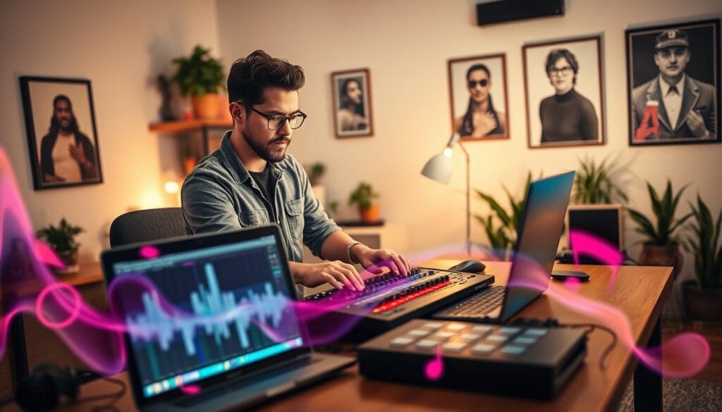 A creative workspace featuring a modern desk with music production tools like a laptop displaying DAW software and MIDI keyboard. In the foreground, vibrant soundwave patterns and musical notes float around, symbolizing the essence of background music. In the middle, a musician with a focused expression, wearing casual attire, is adjusting sound levels on a mixer. The background depicts a cozy home studio, with soft ambient lighting casting shadows, giving a warm atmosphere. Include decorative elements like potted plants and framed posters of famous musicians to enhance the creative vibe. Use a shallow depth of field to emphasize the musician and the mixing equipment, while softly blurring the background for a dynamic, engaging feel. A creative workspace featuring a modern desk with music production tools like a laptop displaying DAW software and MIDI keyboard. In the foreground, vibrant soundwave patterns and musical notes float around, symbolizing the essence of background music. In the middle, a musician with a focused expression, wearing casual attire, is adjusting sound levels on a mixer. The background depicts a cozy home studio, with soft ambient lighting casting shadows, giving a warm atmosphere. Include decorative elements like potted plants and framed posters of famous musicians to enhance the creative vibe. Use a shallow depth of field to emphasize the musician and the mixing equipment, while softly blurring the background for a dynamic, engaging feel.
