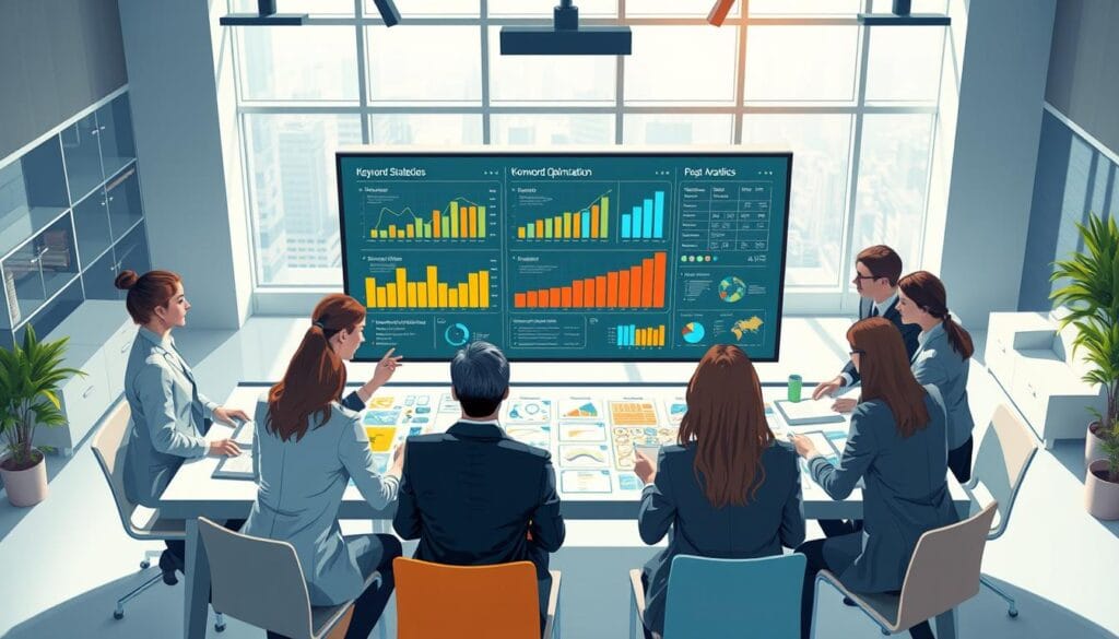 A detailed and vibrant illustration capturing the essence of "تحليل الكلمات الرئيسية" in a professional setting. In the foreground, a diverse group of business professionals, dressed in smart business attire, are collaborating around a large table covered with flowcharts and data visualizations. The middle layer features a digital screen displaying colorful graphs and keyword analytics, highlighting key strategies for content optimization. In the background, a modern office space with sleek furnishings and large windows, soft natural light illuminating the scene. The atmosphere is focused and energetic, reflecting a strategic brainstorming session. The composition should be dynamic and engaging, showcasing teamwork and innovation, with a clean and professional aesthetic. A detailed and vibrant illustration capturing the essence of "تحليل الكلمات الرئيسية" in a professional setting. In the foreground, a diverse group of business professionals, dressed in smart business attire, are collaborating around a large table covered with flowcharts and data visualizations. The middle layer features a digital screen displaying colorful graphs and keyword analytics, highlighting key strategies for content optimization. In the background, a modern office space with sleek furnishings and large windows, soft natural light illuminating the scene. The atmosphere is focused and energetic, reflecting a strategic brainstorming session. The composition should be dynamic and engaging, showcasing teamwork and innovation, with a clean and professional aesthetic.