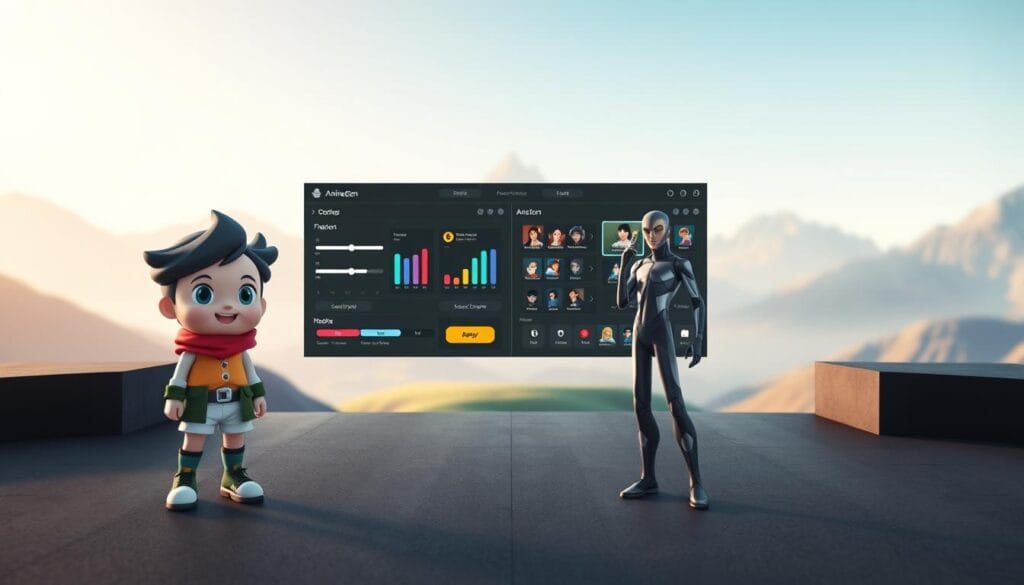 A detailed comparison image showcasing the features of ToonAI and AnimeGen. In the foreground, feature two cartoonish characters representing each platform, one dressed in a colorful, playful style for ToonAI, and the other in a sleek, futuristic look for AnimeGen. In the middle ground, split the canvas to show a stylized interface of each platform, with visual elements like sliders, character customization options, and art styles. In the background, a subtle gradient to suggest a digital landscape, with soft, diffused lighting to create a friendly and inviting atmosphere. Capture the mood of innovation and creativity with a light, airy feel, using a wide-angle lens for depth. The scene should be visually harmonious and free of any text or overlays. A detailed comparison image showcasing the features of ToonAI and AnimeGen. In the foreground, feature two cartoonish characters representing each platform, one dressed in a colorful, playful style for ToonAI, and the other in a sleek, futuristic look for AnimeGen. In the middle ground, split the canvas to show a stylized interface of each platform, with visual elements like sliders, character customization options, and art styles. In the background, a subtle gradient to suggest a digital landscape, with soft, diffused lighting to create a friendly and inviting atmosphere. Capture the mood of innovation and creativity with a light, airy feel, using a wide-angle lens for depth. The scene should be visually harmonious and free of any text or overlays.