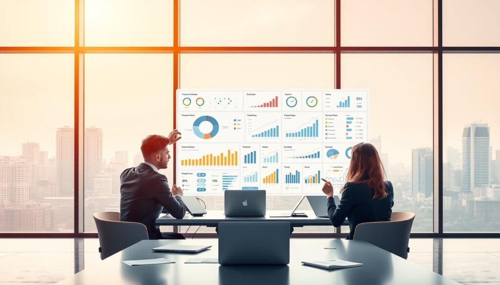A detailed, conceptual illustration of performance measurement criteria. In the foreground, depict a diverse group of three professionals (a man and two women) dressed in business attire, analyzing a large digital dashboard filled with various graphs, charts, and KPIs. In the middle ground, include a sleek conference table with laptops and documents scattered around. The background features a modern office skyline through a large window bathed in warm, natural light, suggesting a sense of clarity and focus. Use a slightly elevated angle to capture the team's collaboration. The mood should be professional and inspiring, showcasing teamwork and strategic thinking in evaluating business success. A detailed, conceptual illustration of performance measurement criteria. In the foreground, depict a diverse group of three professionals (a man and two women) dressed in business attire, analyzing a large digital dashboard filled with various graphs, charts, and KPIs. In the middle ground, include a sleek conference table with laptops and documents scattered around. The background features a modern office skyline through a large window bathed in warm, natural light, suggesting a sense of clarity and focus. Use a slightly elevated angle to capture the team's collaboration. The mood should be professional and inspiring, showcasing teamwork and strategic thinking in evaluating business success.